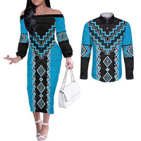 Sky Blue Niho Taniwha Mix Poutama Couples Matching Off The Shoulder Long Sleeve Dress and Long Sleeve Button Shirt Unique Taniko Aotearoa