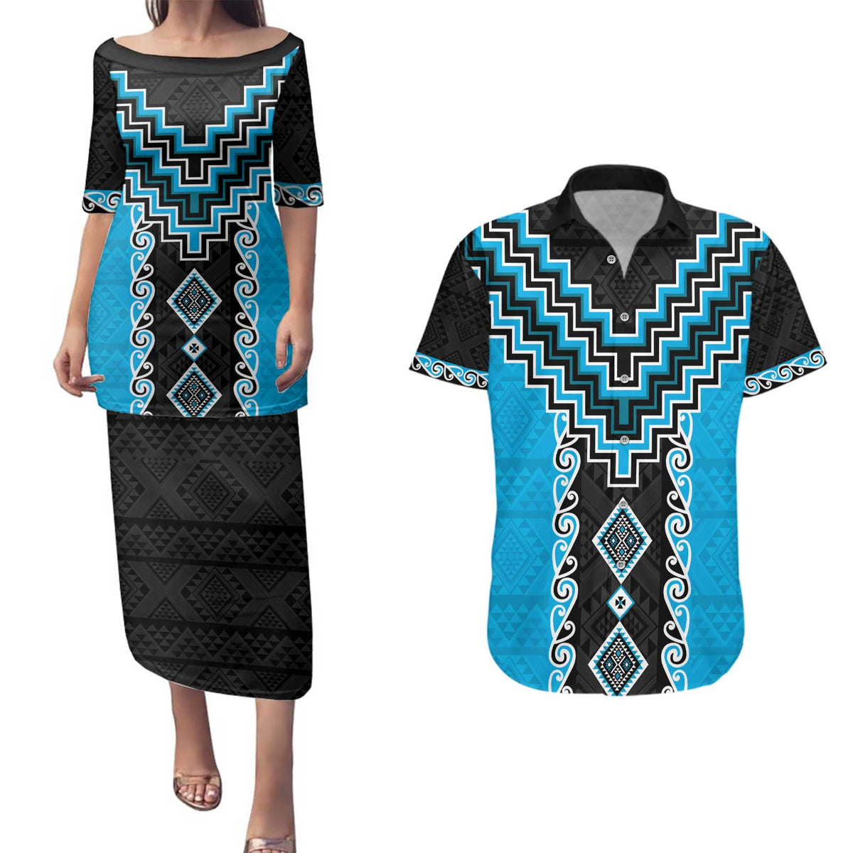 Sky Blue Niho Taniwha Mix Poutama Couples Matching Puletasi and Hawaiian Shirt Unique Taniko Aotearoa LT01 Sky Blue - Polynesian Pride
