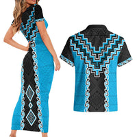 Sky Blue Niho Taniwha Mix Poutama Couples Matching Short Sleeve Bodycon Dress and Hawaiian Shirt Unique Taniko Aotearoa