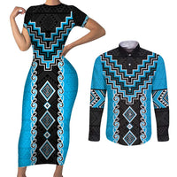 Sky Blue Niho Taniwha Mix Poutama Couples Matching Short Sleeve Bodycon Dress and Long Sleeve Button Shirt Unique Taniko Aotearoa