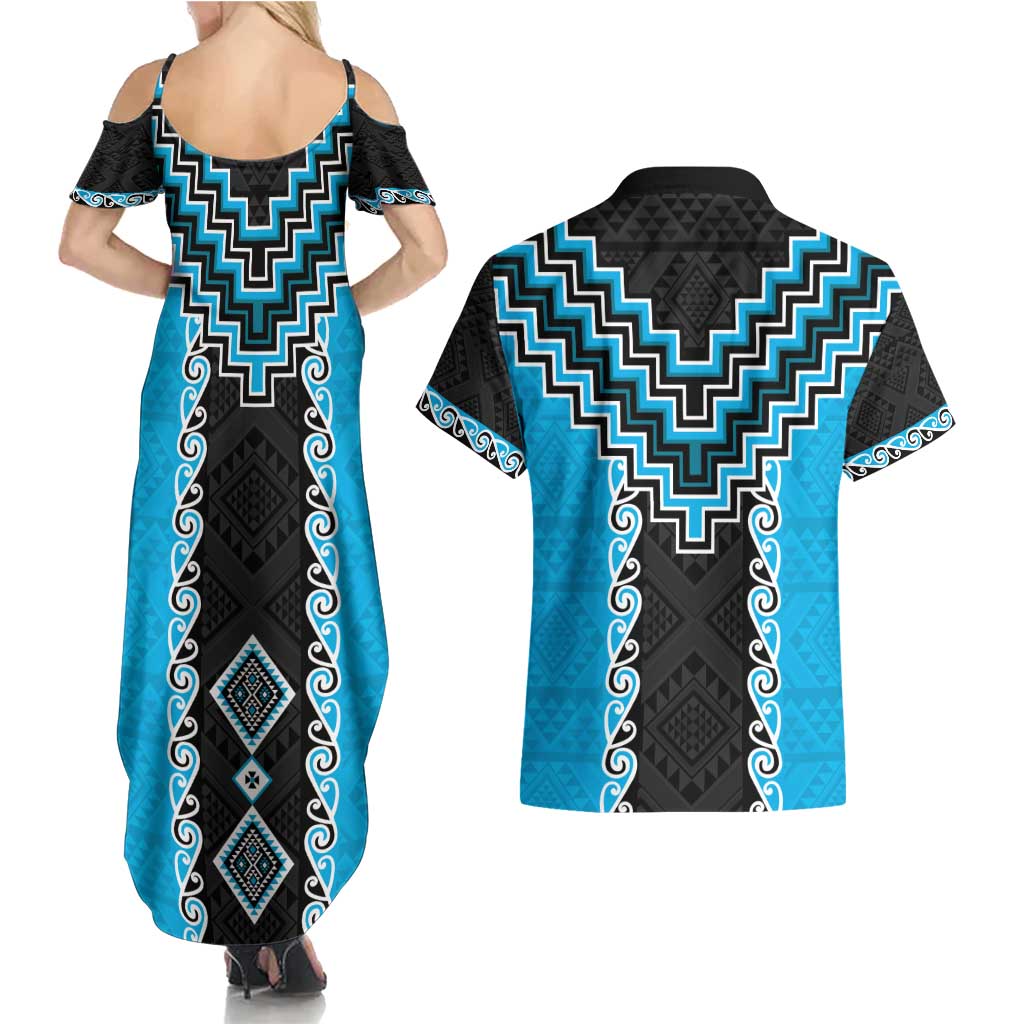 Sky Blue Niho Taniwha Mix Poutama Couples Matching Summer Maxi Dress and Hawaiian Shirt Unique Taniko Aotearoa