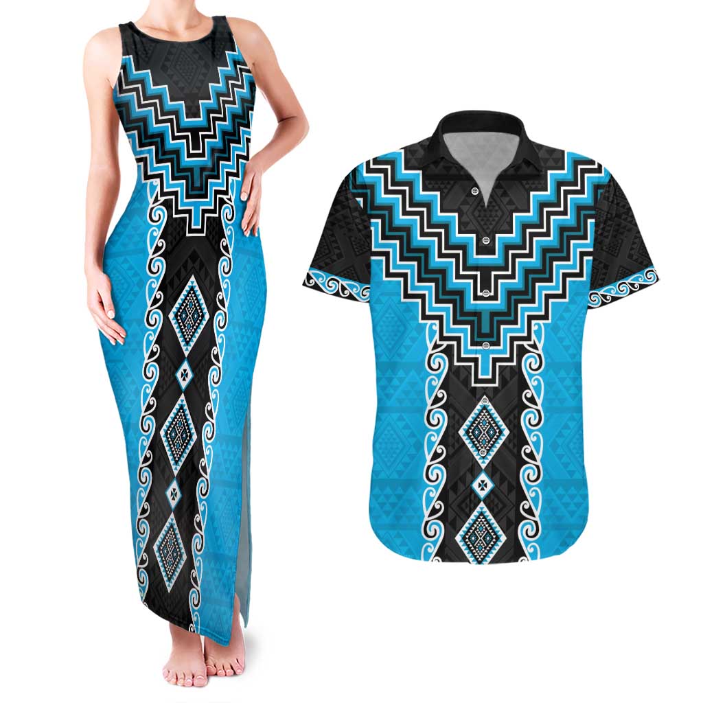 Sky Blue Niho Taniwha Mix Poutama Couples Matching Tank Maxi Dress and Hawaiian Shirt Unique Taniko Aotearoa