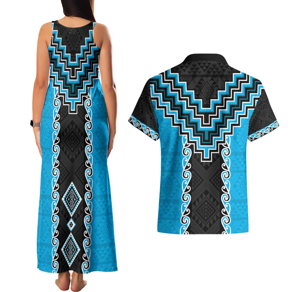 Sky Blue Niho Taniwha Mix Poutama Couples Matching Tank Maxi Dress and Hawaiian Shirt Unique Taniko Aotearoa