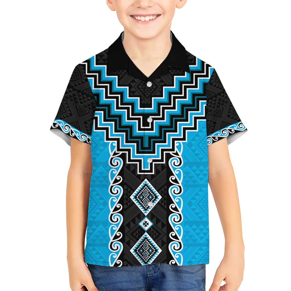 Sky Blue Niho Taniwha Mix Poutama Family Matching Off Shoulder Maxi Dress and Hawaiian Shirt Unique Taniko Aotearoa