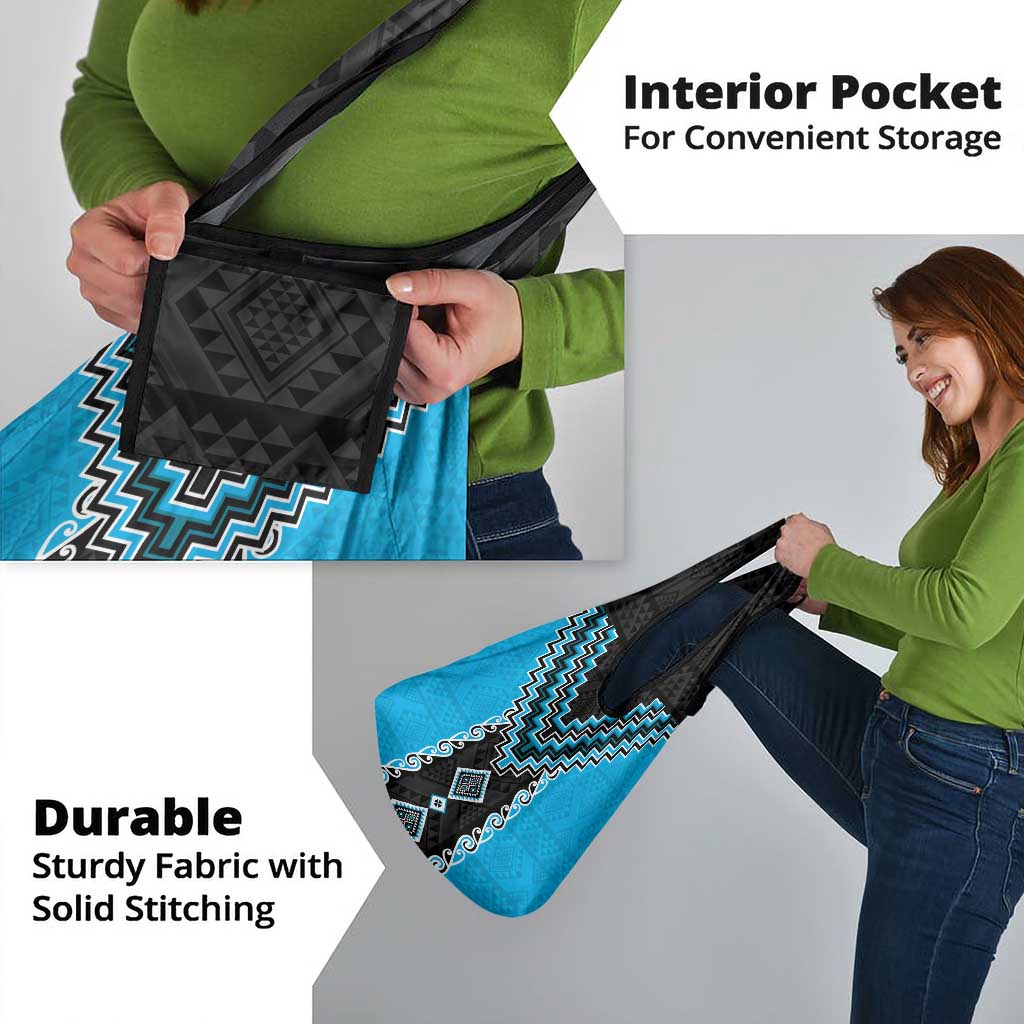 Sky Blue Niho Taniwha Mix Poutama Grocery Bag Unique Taniko Aotearoa