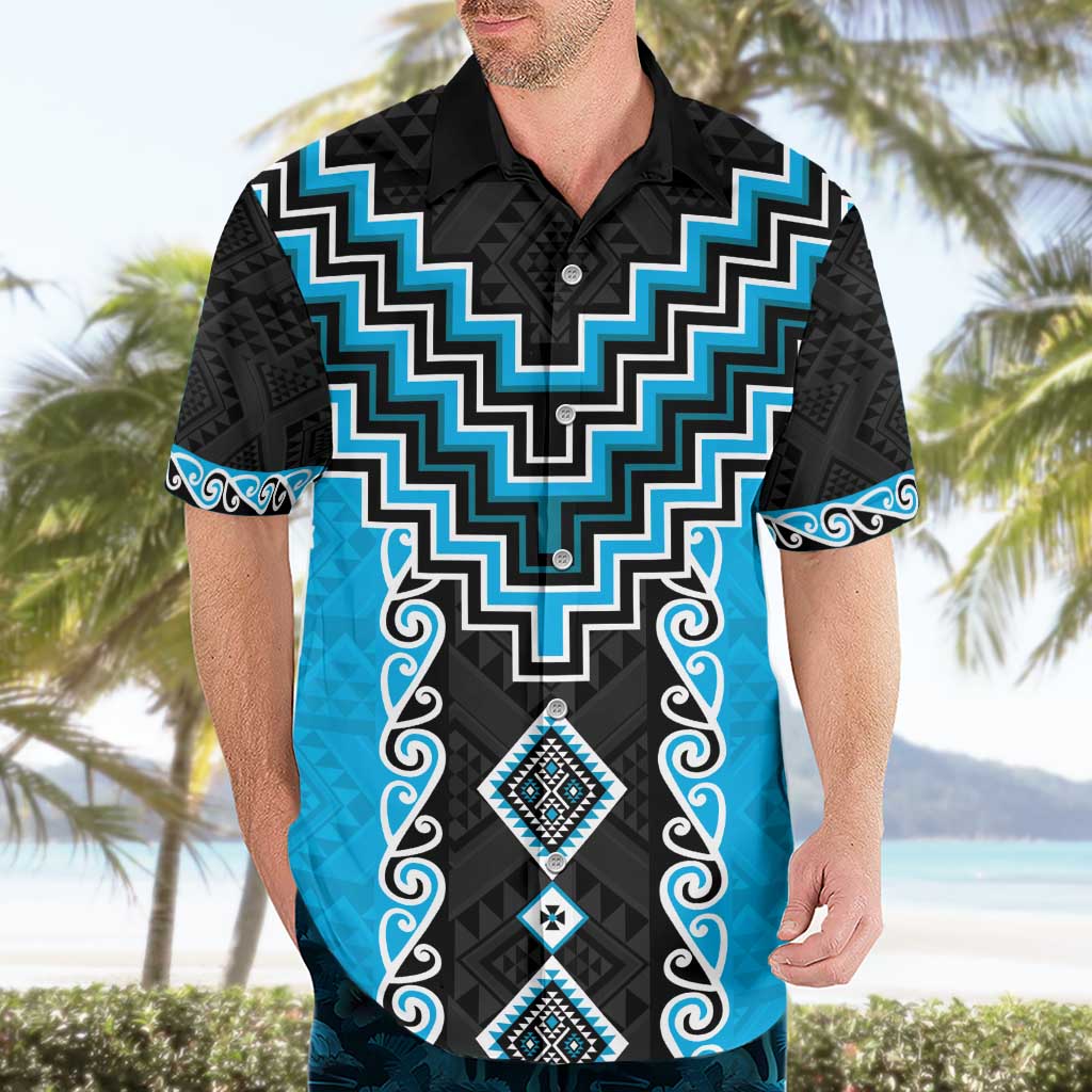 Sky Blue Niho Taniwha Mix Poutama Hawaiian Shirt Unique Taniko Aotearoa