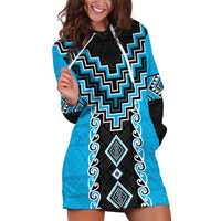 Sky Blue Niho Taniwha Mix Poutama Hoodie Dress Unique Taniko Aotearoa