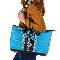 Sky Blue Niho Taniwha Mix Poutama Leather Tote Bag Unique Taniko Aotearoa