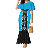 Sky Blue Niho Taniwha Mix Poutama Mermaid Dress Unique Taniko Aotearoa