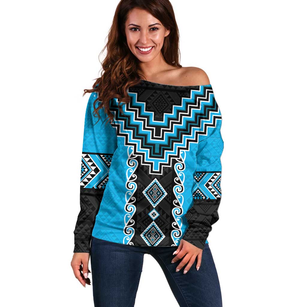 Sky Blue Niho Taniwha Mix Poutama Off Shoulder Sweater Unique Taniko Aotearoa