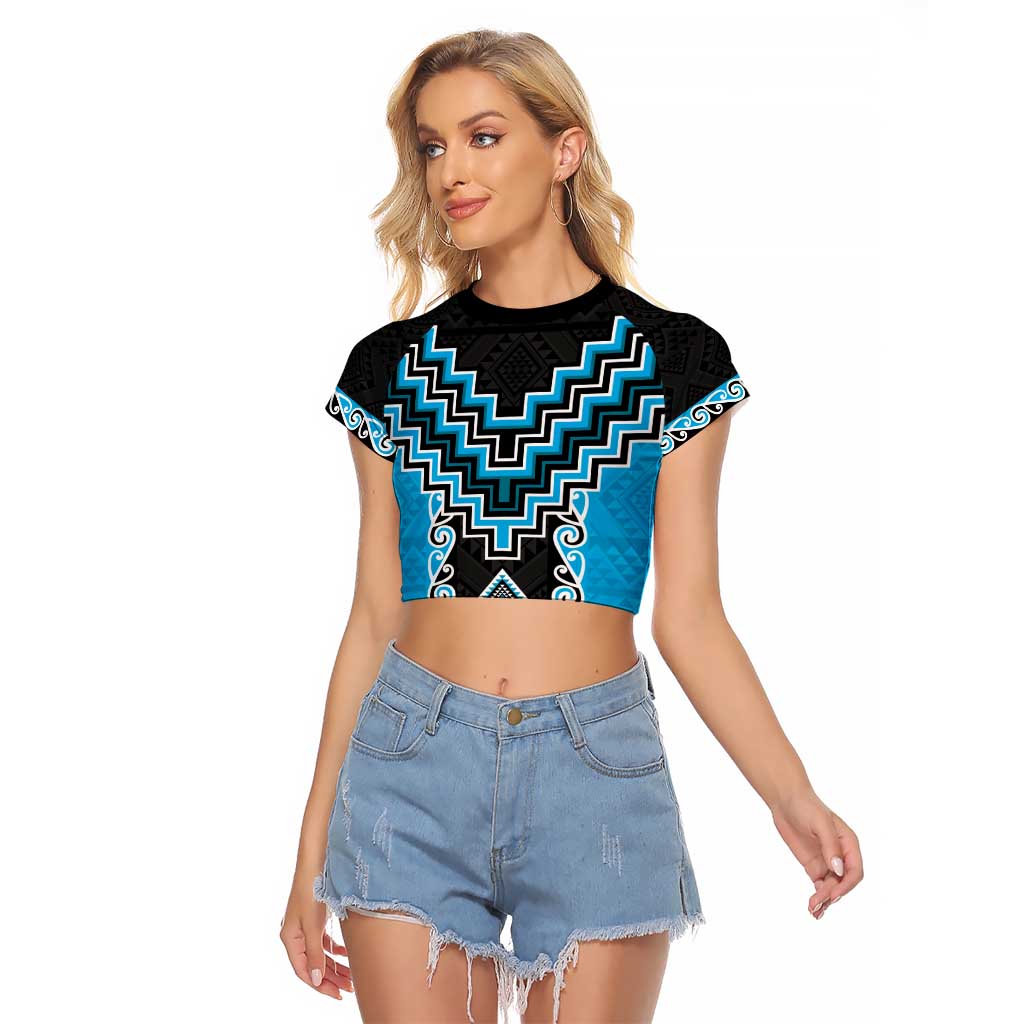 Sky Blue Niho Taniwha Mix Poutama Raglan Cropped T Shirt Unique Taniko Aotearoa LT01 Female Sky Blue - Polynesian Pride