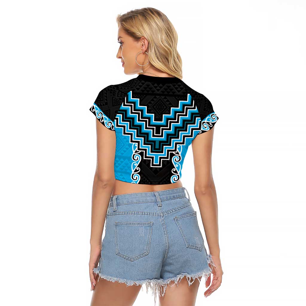 Sky Blue Niho Taniwha Mix Poutama Raglan Cropped T Shirt Unique Taniko Aotearoa LT01 - Polynesian Pride