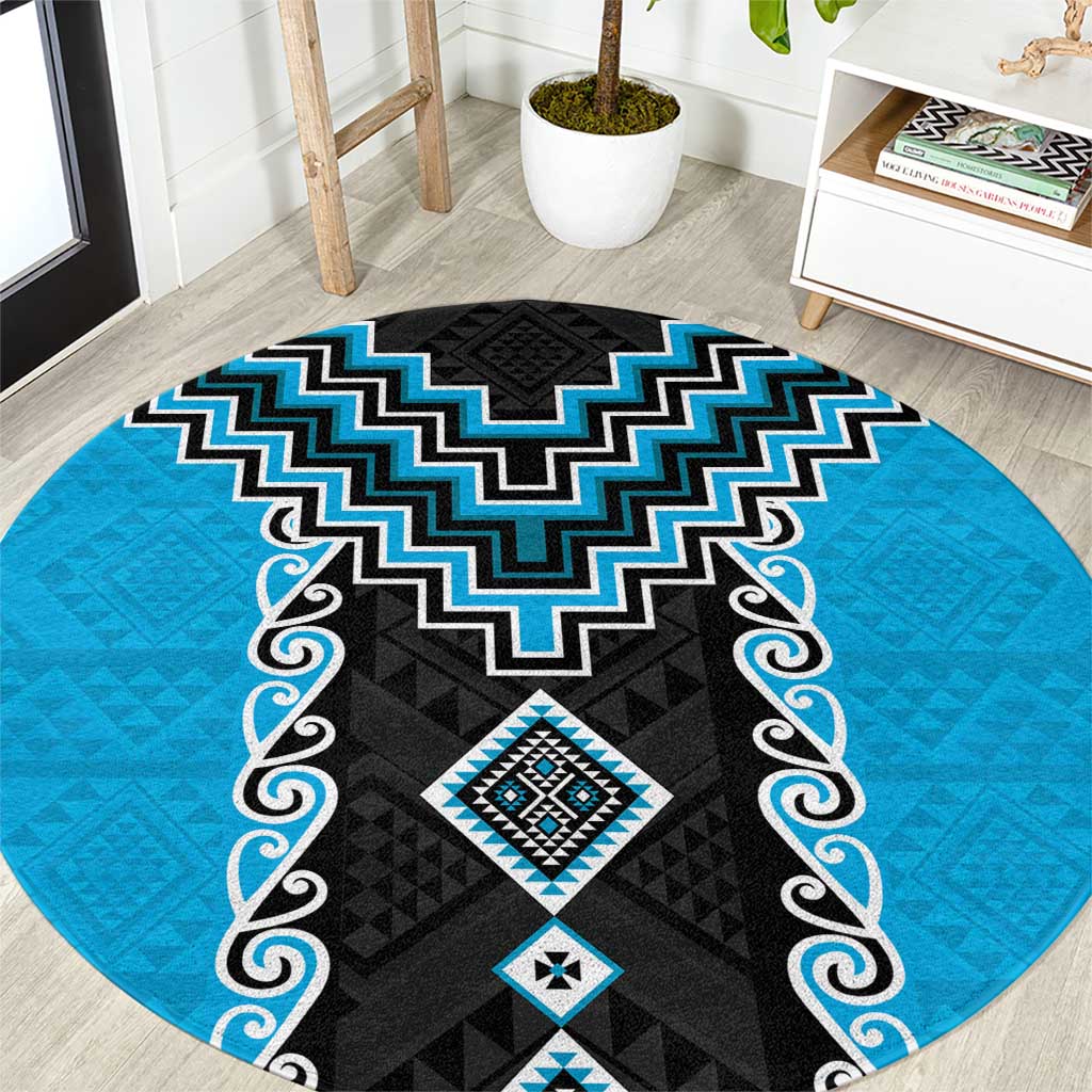 Sky Blue Niho Taniwha Mix Poutama Round Carpet Unique Taniko Aotearoa LT01 Sky Blue - Polynesian Pride