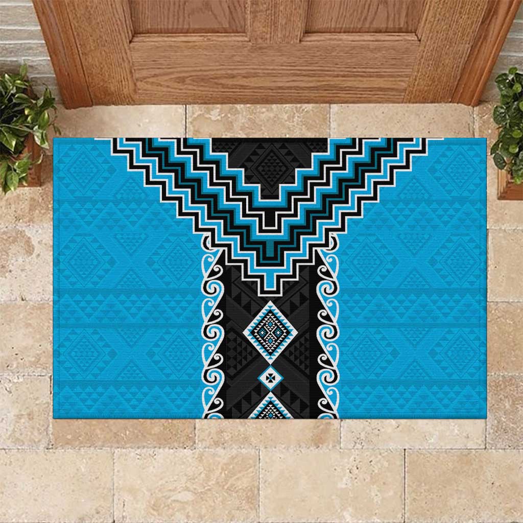 Sky Blue Niho Taniwha Mix Poutama Rubber Doormat Unique Taniko Aotearoa LT01 Sky Blue - Polynesian Pride