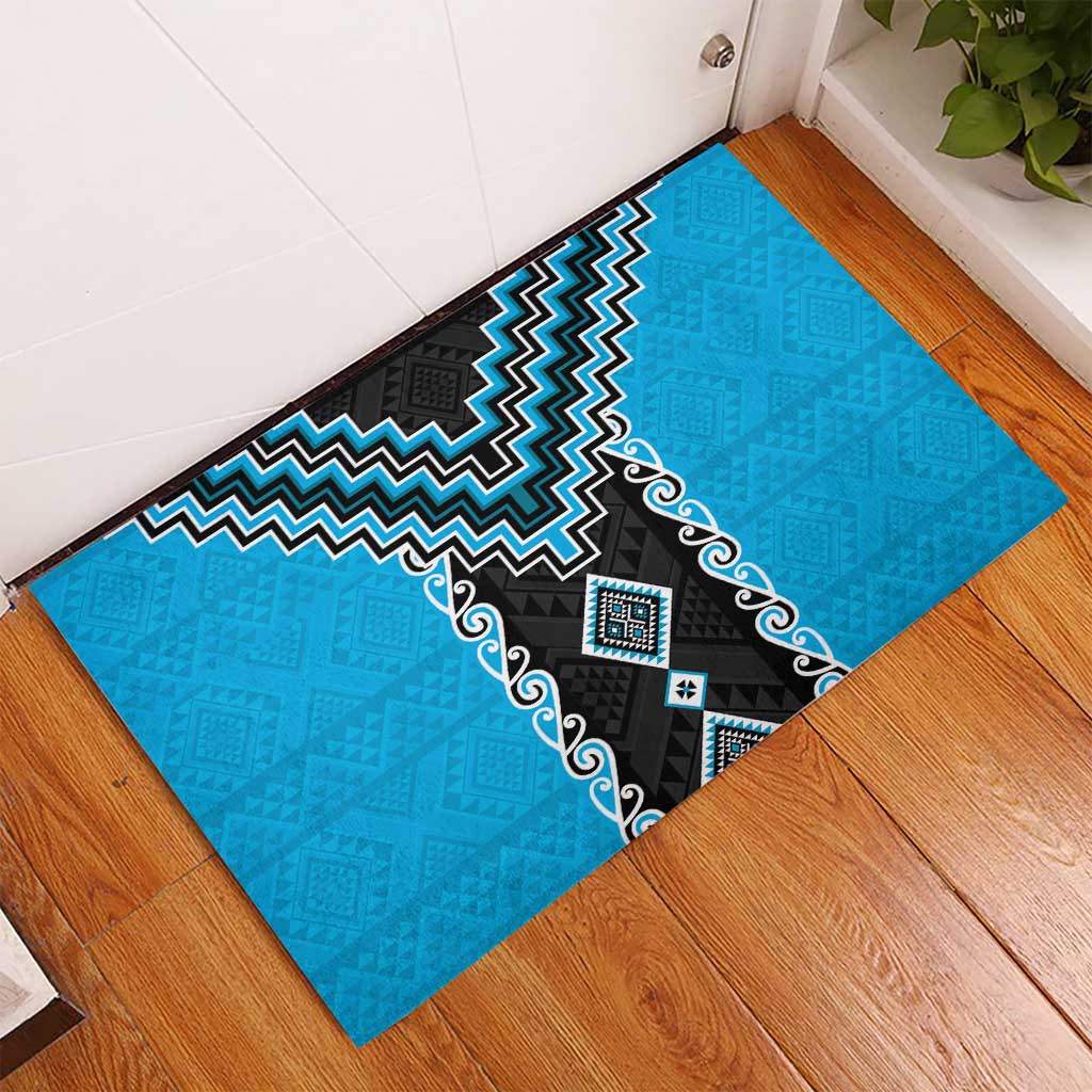 Sky Blue Niho Taniwha Mix Poutama Rubber Doormat Unique Taniko Aotearoa