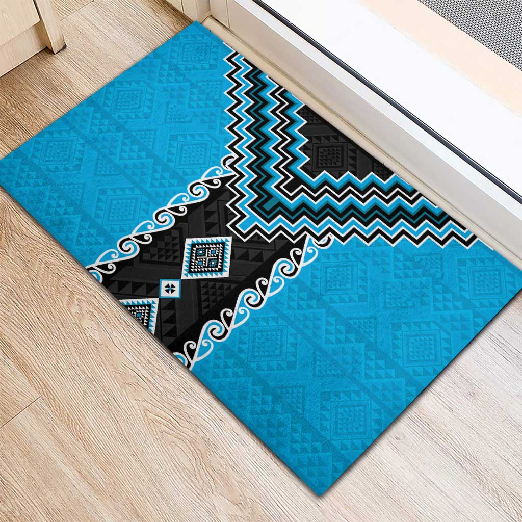Sky Blue Niho Taniwha Mix Poutama Rubber Doormat Unique Taniko Aotearoa
