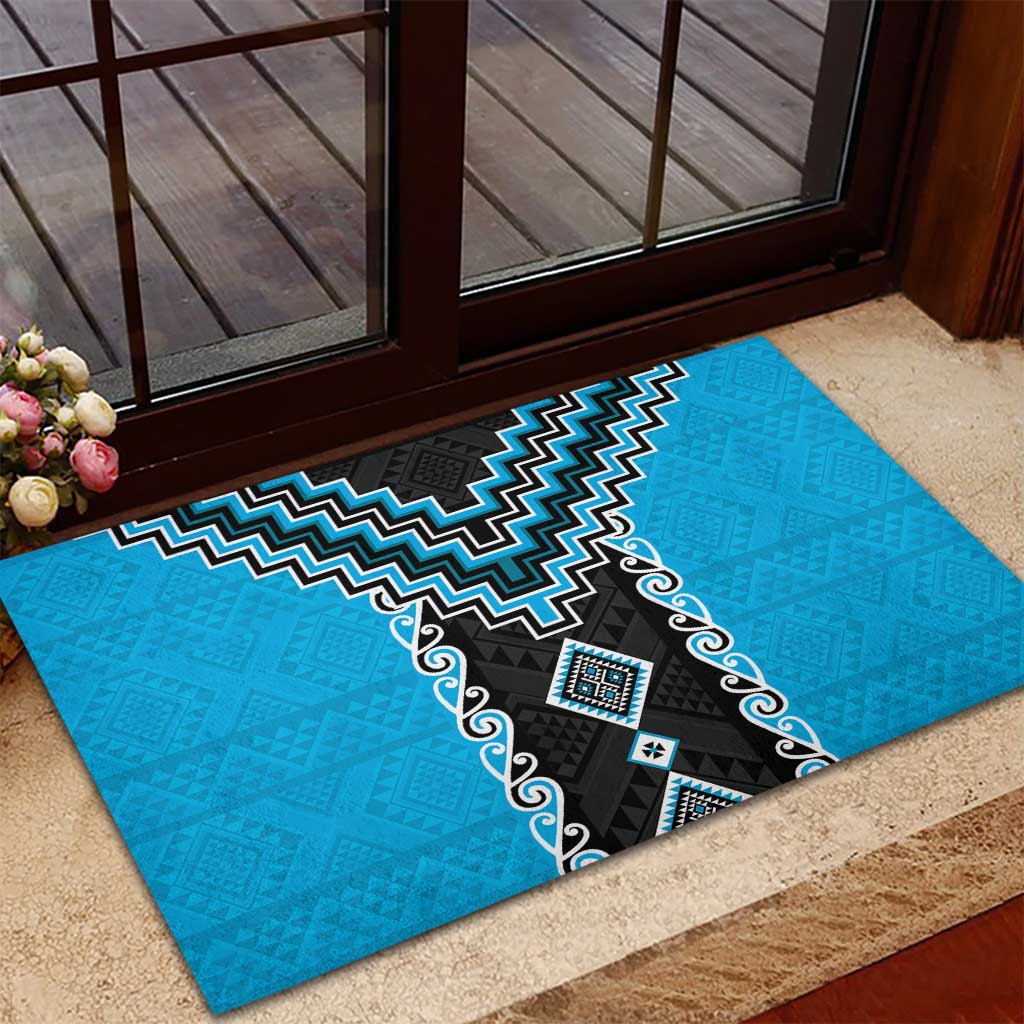 Sky Blue Niho Taniwha Mix Poutama Rubber Doormat Unique Taniko Aotearoa