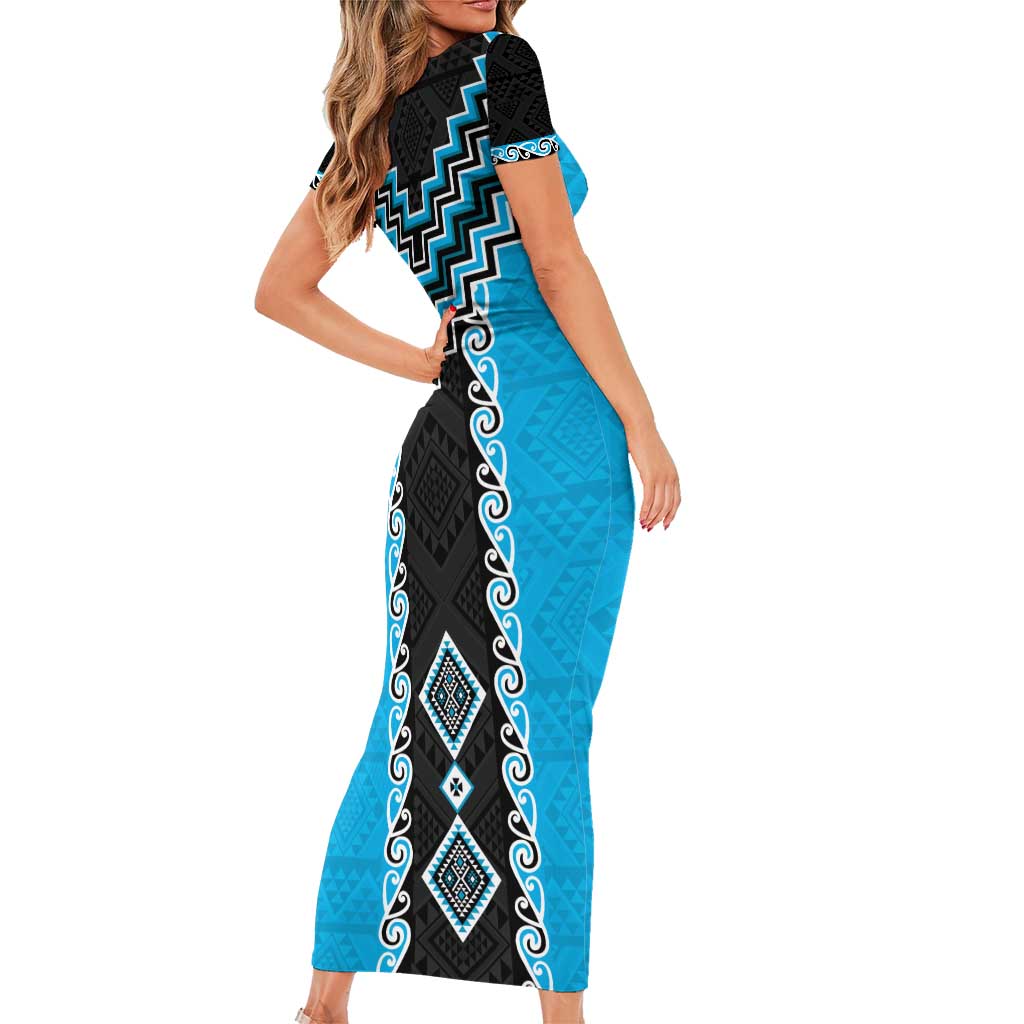 Sky Blue Niho Taniwha Mix Poutama Short Sleeve Bodycon Dress Unique Taniko Aotearoa