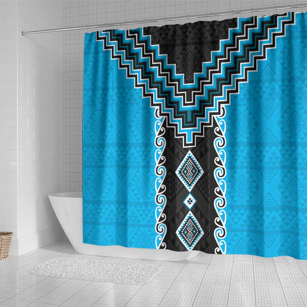 Sky Blue Niho Taniwha Mix Poutama Shower Curtain Unique Taniko Aotearoa