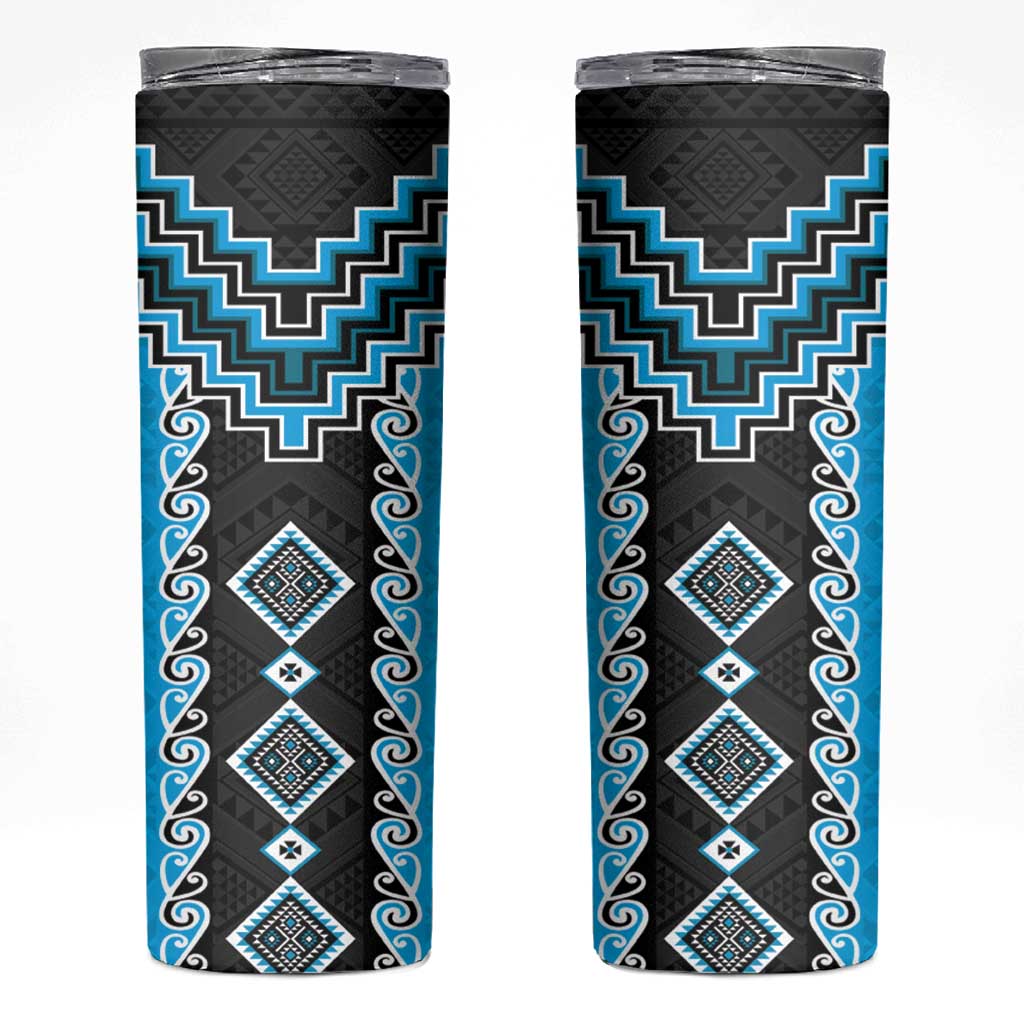 Sky Blue Niho Taniwha Mix Poutama Skinny Tumbler Unique Taniko Aotearoa