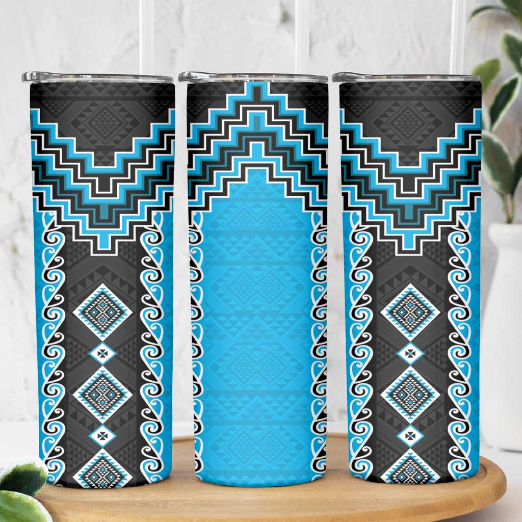 Sky Blue Niho Taniwha Mix Poutama Skinny Tumbler Unique Taniko Aotearoa