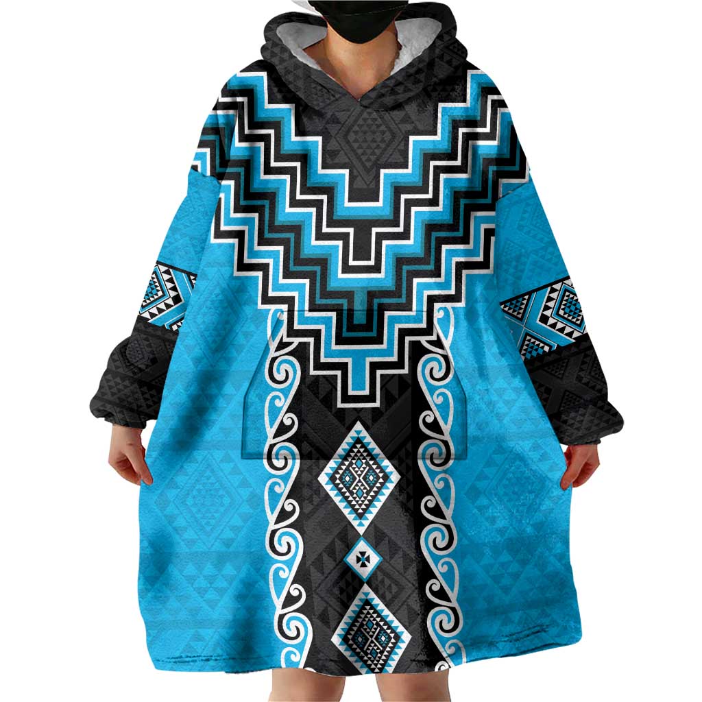 Sky Blue Niho Taniwha Mix Poutama Wearable Blanket Hoodie Unique Taniko Aotearoa