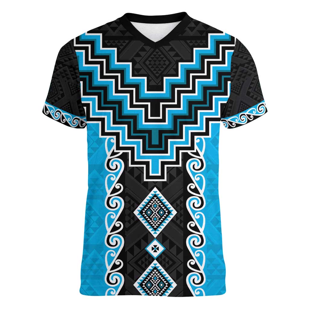 Sky Blue Niho Taniwha Mix Poutama Women V-Neck T-Shirt Unique Taniko Aotearoa