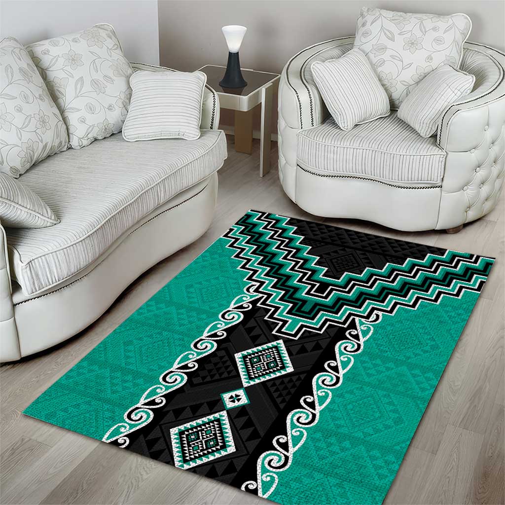 Teal Niho Taniwha Mix Poutama Area Rug Unique Taniko Aotearoa