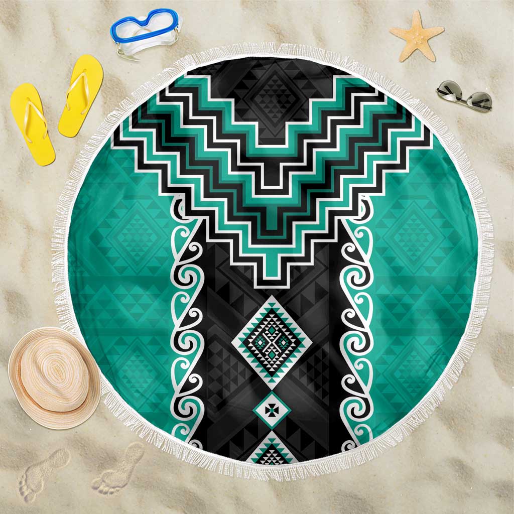 Teal Niho Taniwha Mix Poutama Beach Blanket Unique Taniko Aotearoa LT01 One Size 150cm Teal - Polynesian Pride