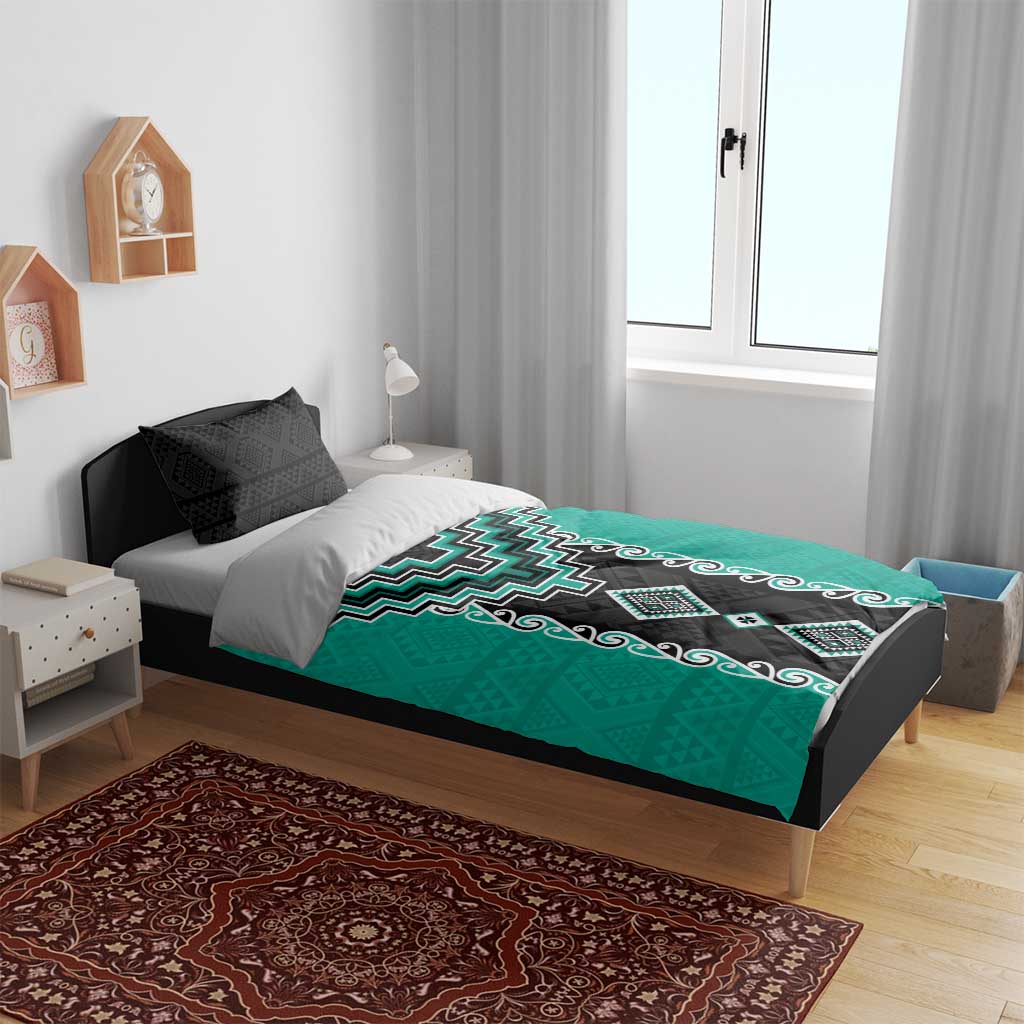 Teal Niho Taniwha Mix Poutama Bedding Set Unique Taniko Aotearoa