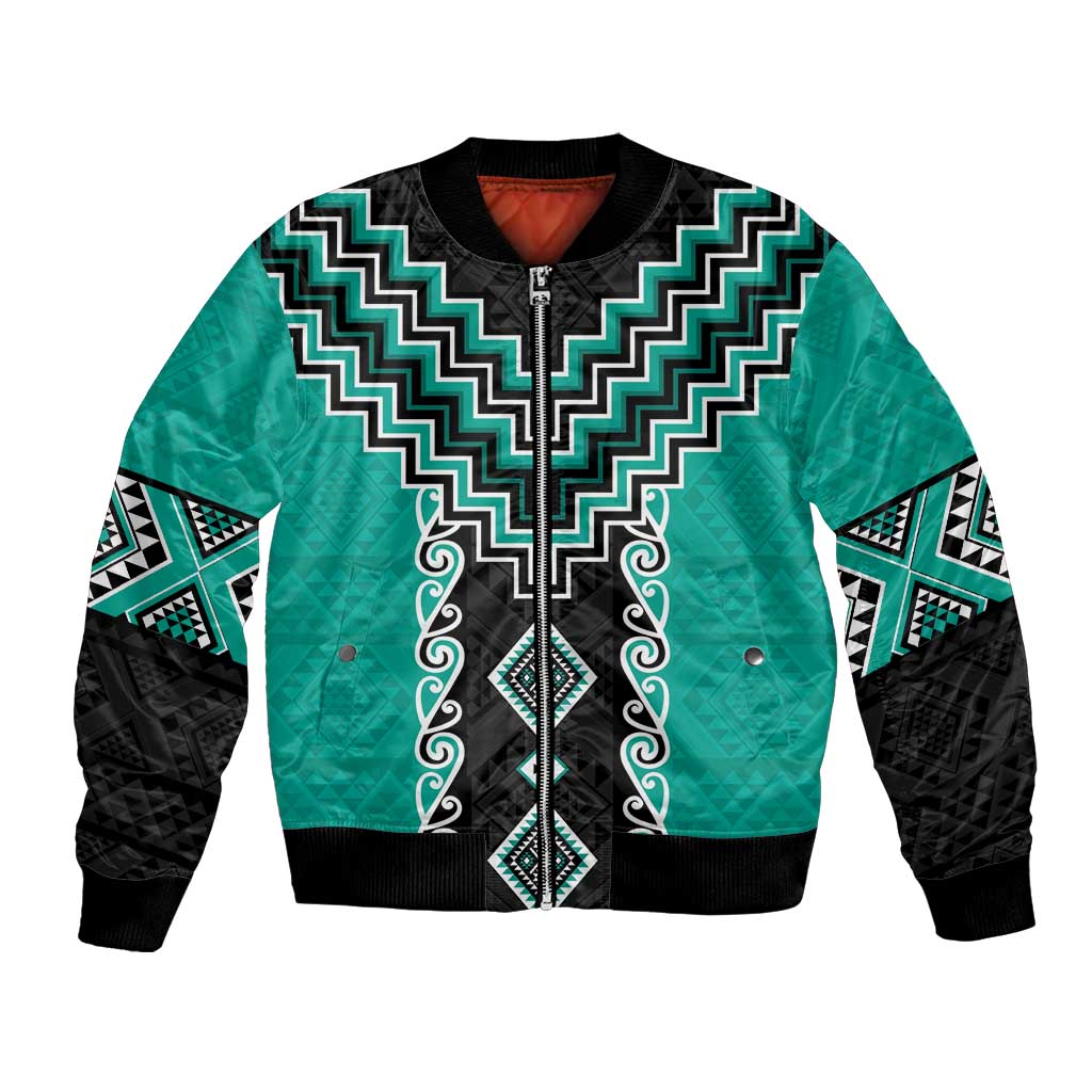Teal Niho Taniwha Mix Poutama Bomber Jacket Unique Taniko Aotearoa