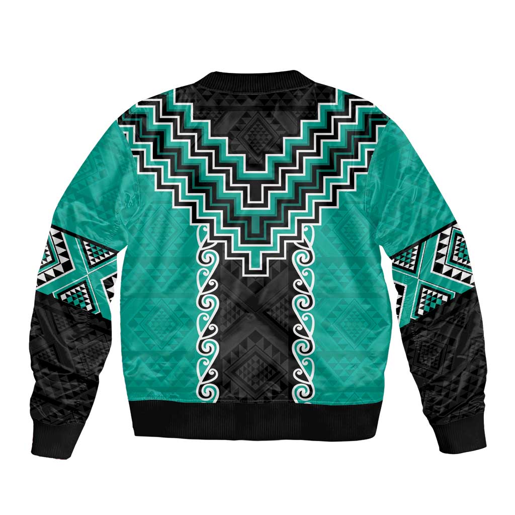 Teal Niho Taniwha Mix Poutama Bomber Jacket Unique Taniko Aotearoa