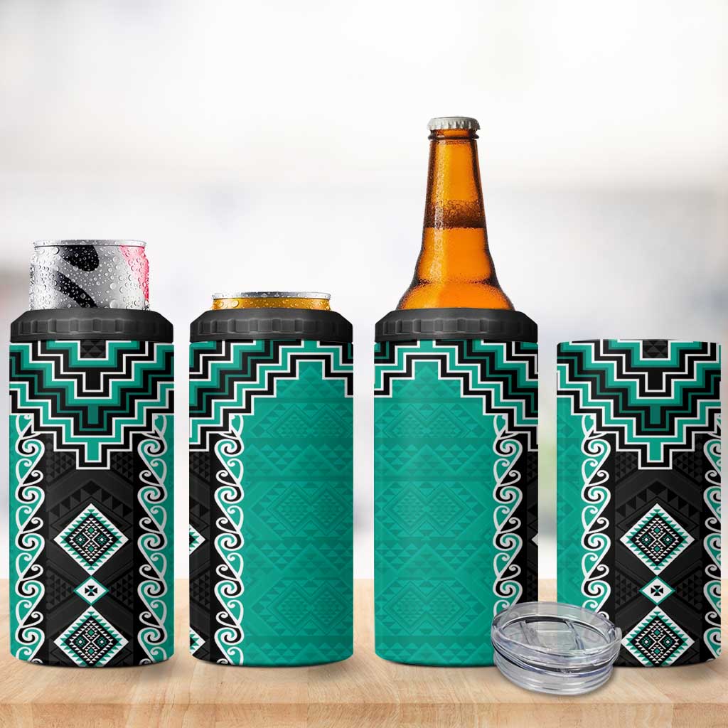 Teal Niho Taniwha Mix Poutama 4 in 1 Can Cooler Tumbler Unique Taniko Aotearoa