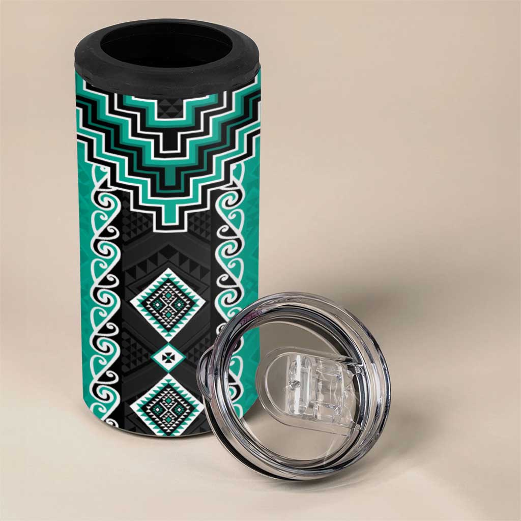 Teal Niho Taniwha Mix Poutama 4 in 1 Can Cooler Tumbler Unique Taniko Aotearoa