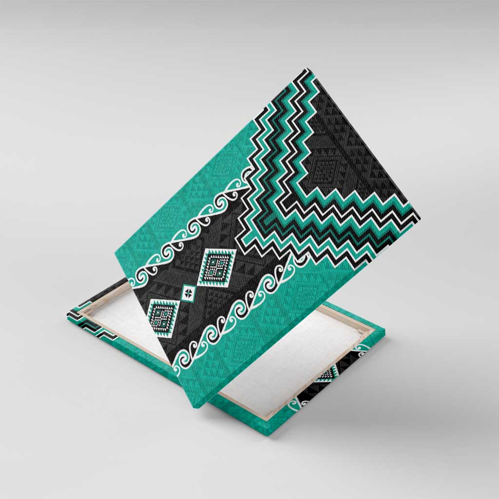 Teal Niho Taniwha Mix Poutama Canvas Wall Art Unique Taniko Aotearoa