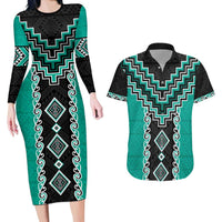 Teal Niho Taniwha Mix Poutama Couples Matching Long Sleeve Bodycon Dress and Hawaiian Shirt Unique Taniko Aotearoa