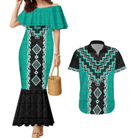Teal Niho Taniwha Mix Poutama Couples Matching Mermaid Dress and Hawaiian Shirt Unique Taniko Aotearoa