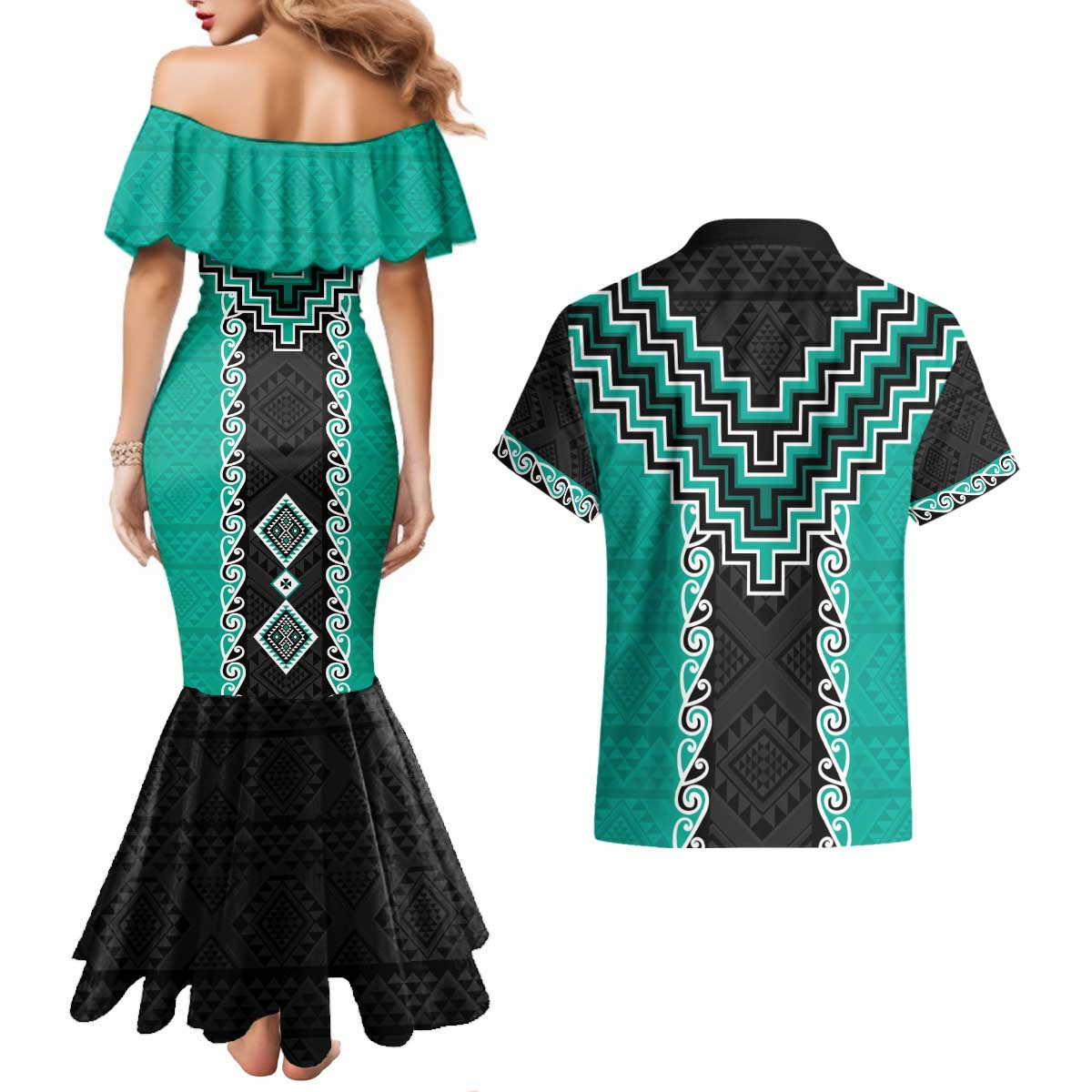 Teal Niho Taniwha Mix Poutama Couples Matching Mermaid Dress and Hawaiian Shirt Unique Taniko Aotearoa