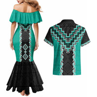 Teal Niho Taniwha Mix Poutama Couples Matching Mermaid Dress and Hawaiian Shirt Unique Taniko Aotearoa