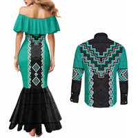Teal Niho Taniwha Mix Poutama Couples Matching Mermaid Dress and Long Sleeve Button Shirt Unique Taniko Aotearoa