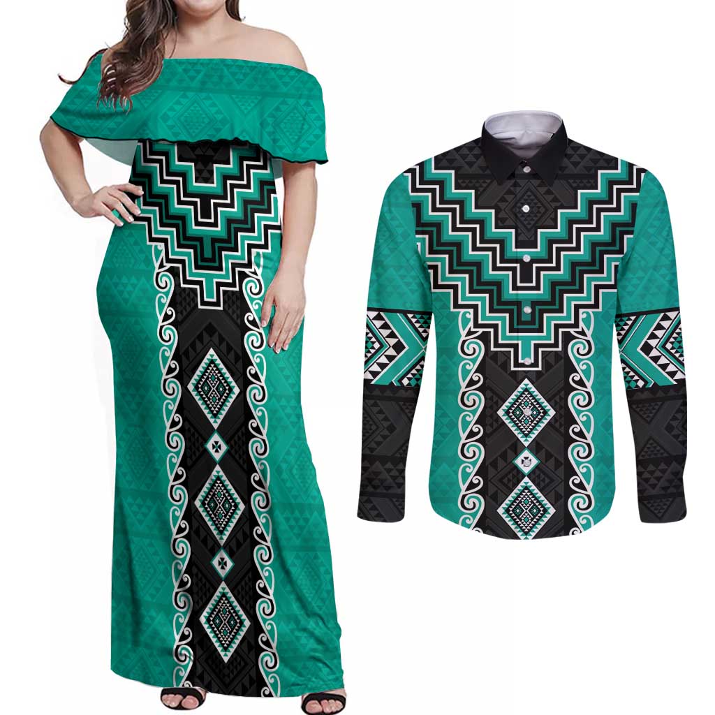 Teal Niho Taniwha Mix Poutama Couples Matching Off Shoulder Maxi Dress and Long Sleeve Button Shirt Unique Taniko Aotearoa