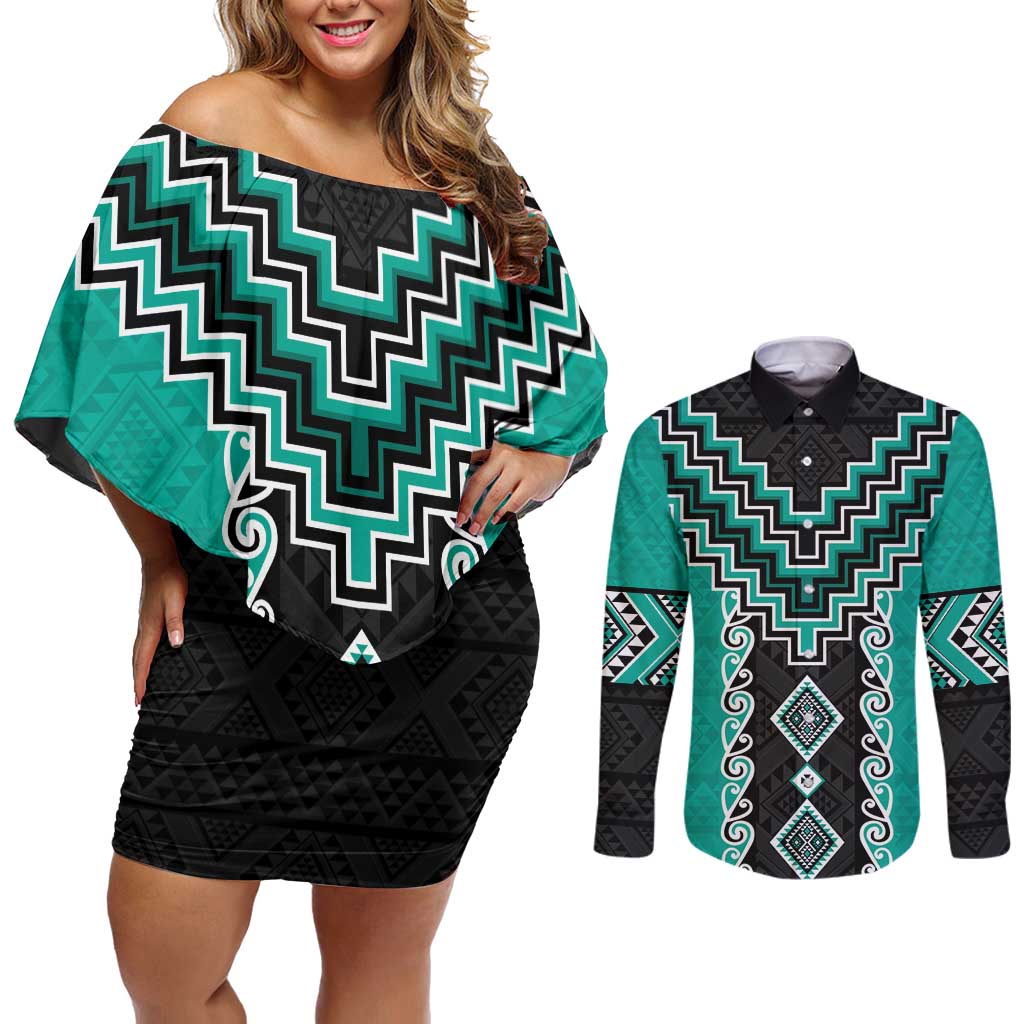 Teal Niho Taniwha Mix Poutama Couples Matching Off Shoulder Short Dress and Long Sleeve Button Shirt Unique Taniko Aotearoa