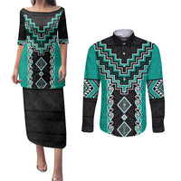Teal Niho Taniwha Mix Poutama Couples Matching Puletasi and Long Sleeve Button Shirt Unique Taniko Aotearoa