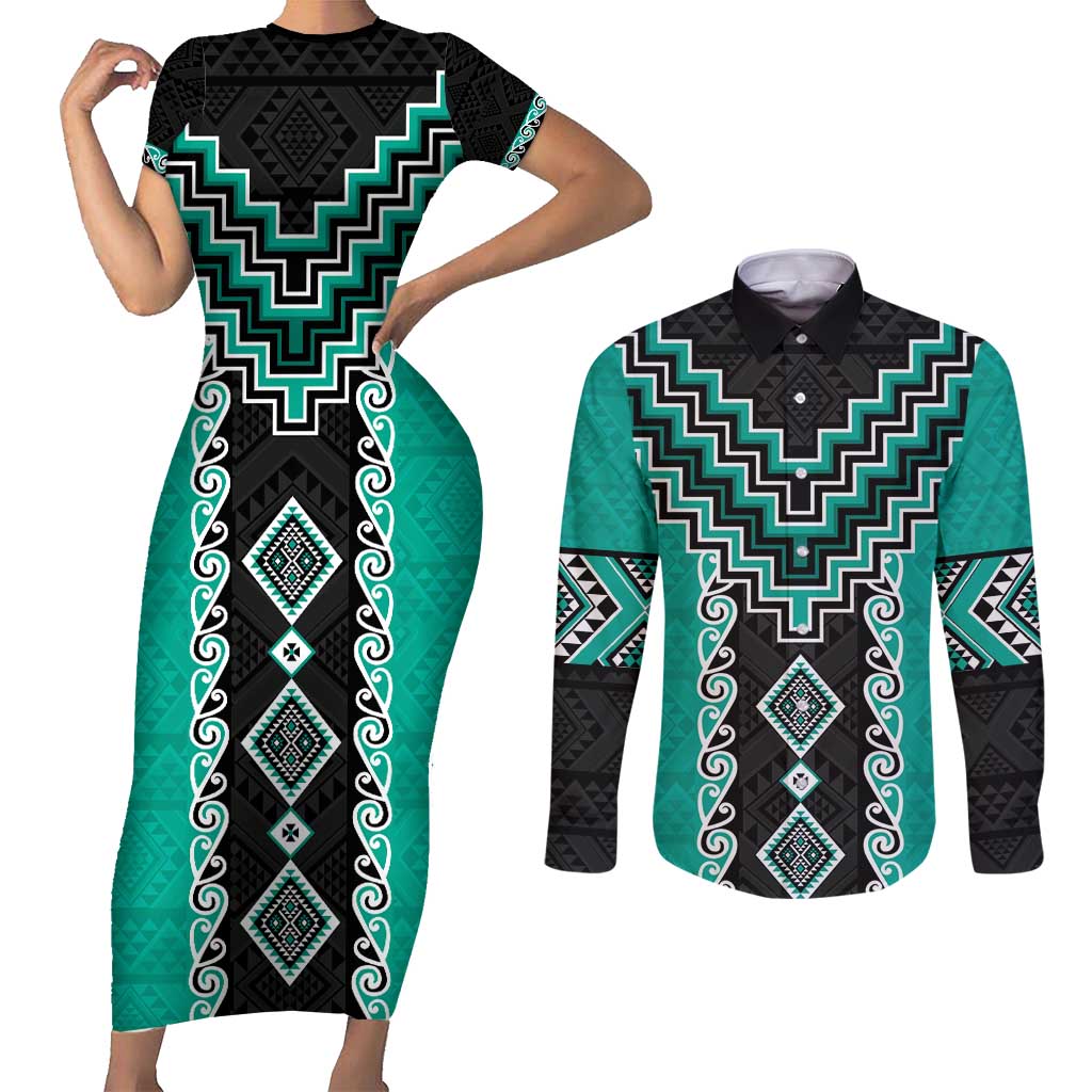 Teal Niho Taniwha Mix Poutama Couples Matching Short Sleeve Bodycon Dress and Long Sleeve Button Shirt Unique Taniko Aotearoa