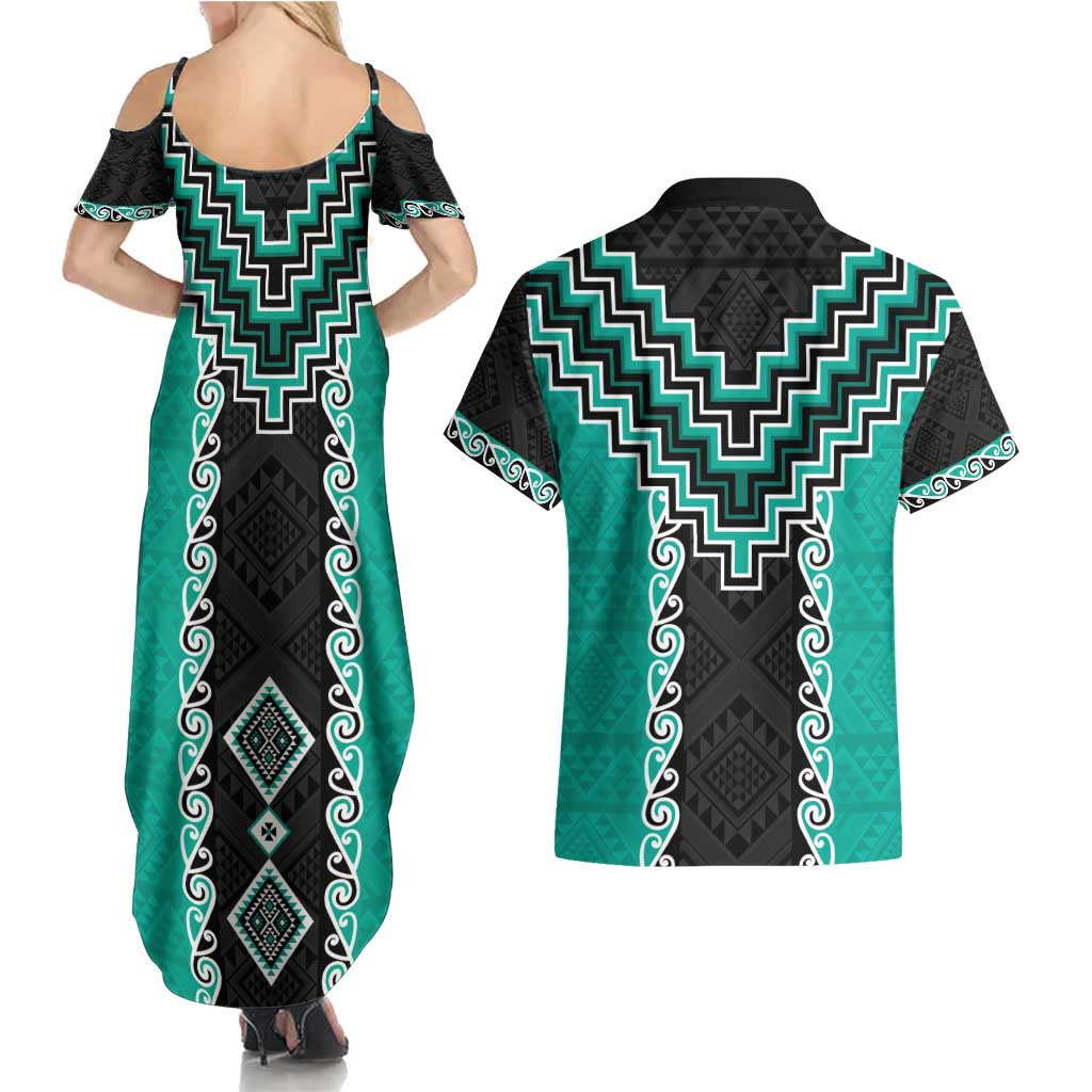 Teal Niho Taniwha Mix Poutama Couples Matching Summer Maxi Dress and Hawaiian Shirt Unique Taniko Aotearoa