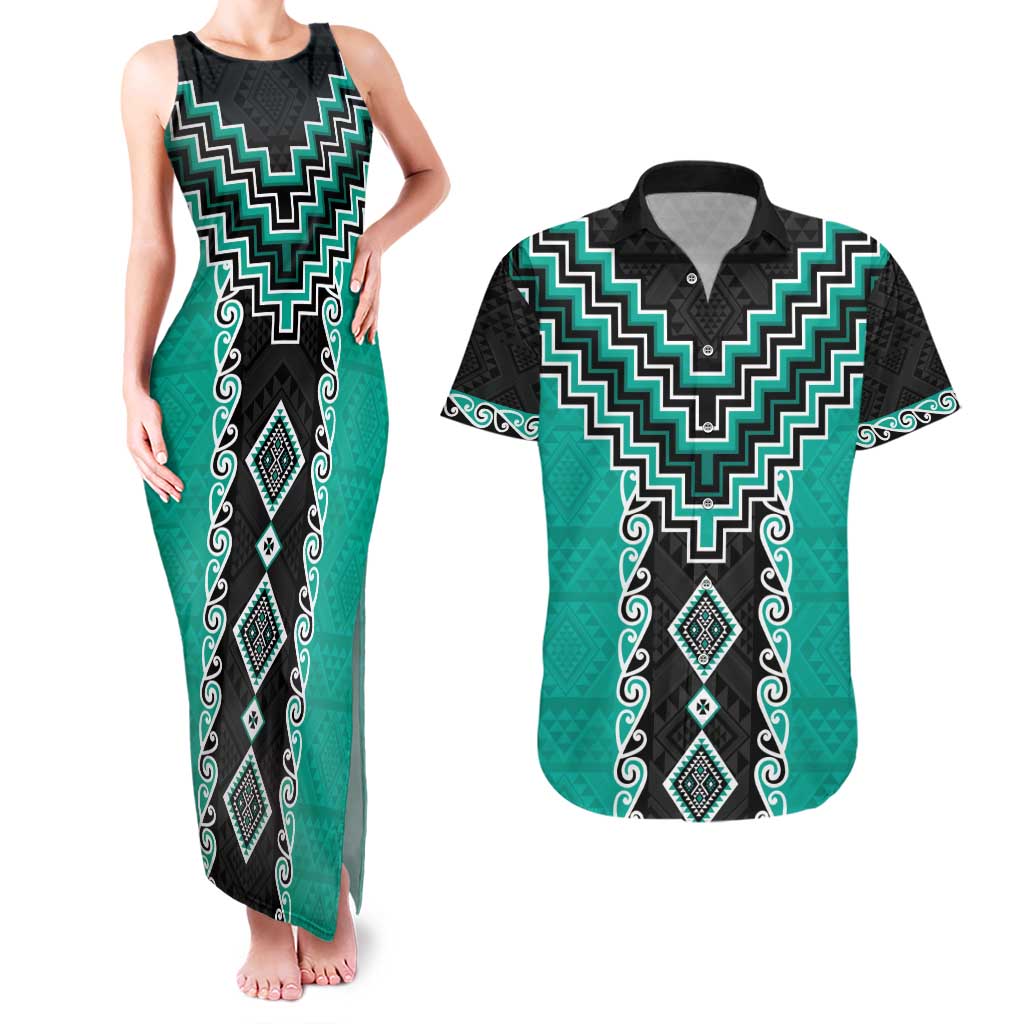 Teal Niho Taniwha Mix Poutama Couples Matching Tank Maxi Dress and Hawaiian Shirt Unique Taniko Aotearoa