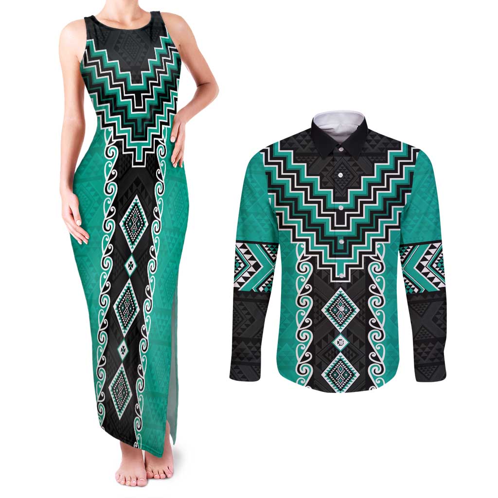 Teal Niho Taniwha Mix Poutama Couples Matching Tank Maxi Dress and Long Sleeve Button Shirt Unique Taniko Aotearoa