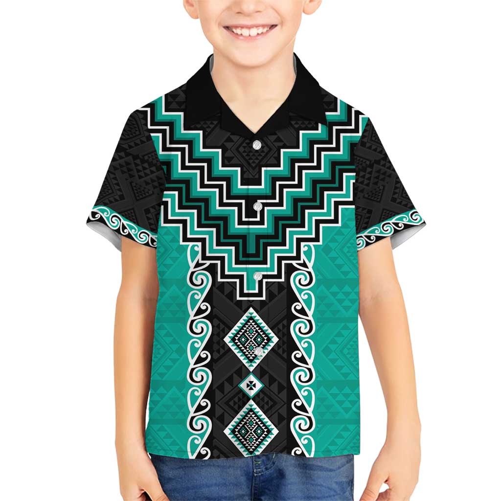 Teal Niho Taniwha Mix Poutama Family Matching Long Sleeve Bodycon Dress and Hawaiian Shirt Unique Taniko Aotearoa