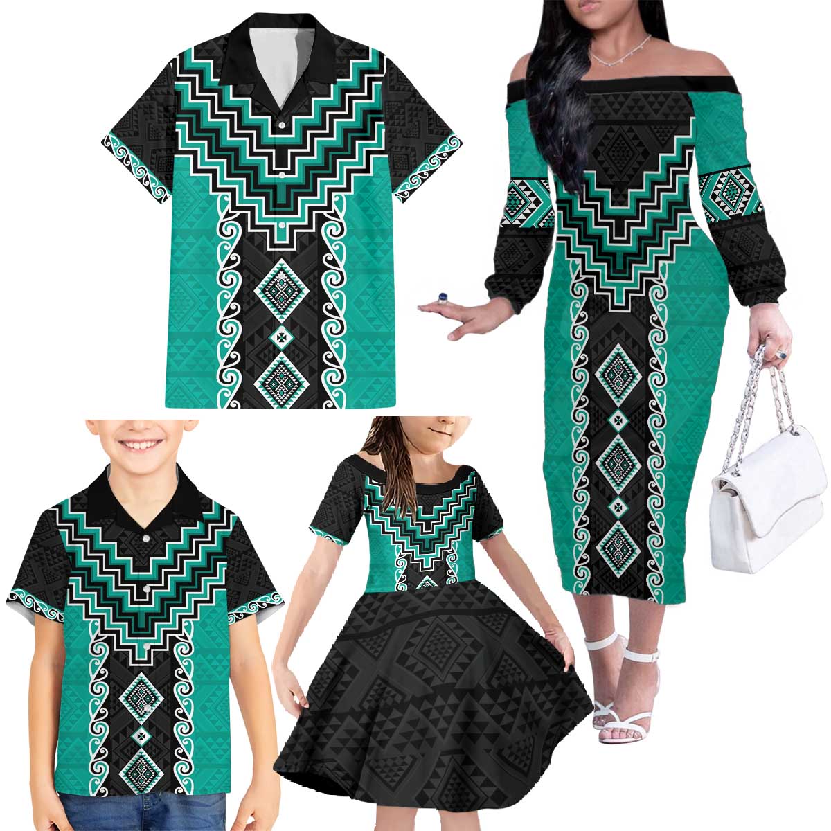 Teal Niho Taniwha Mix Poutama Family Matching Off The Shoulder Long Sleeve Dress and Hawaiian Shirt Unique Taniko Aotearoa