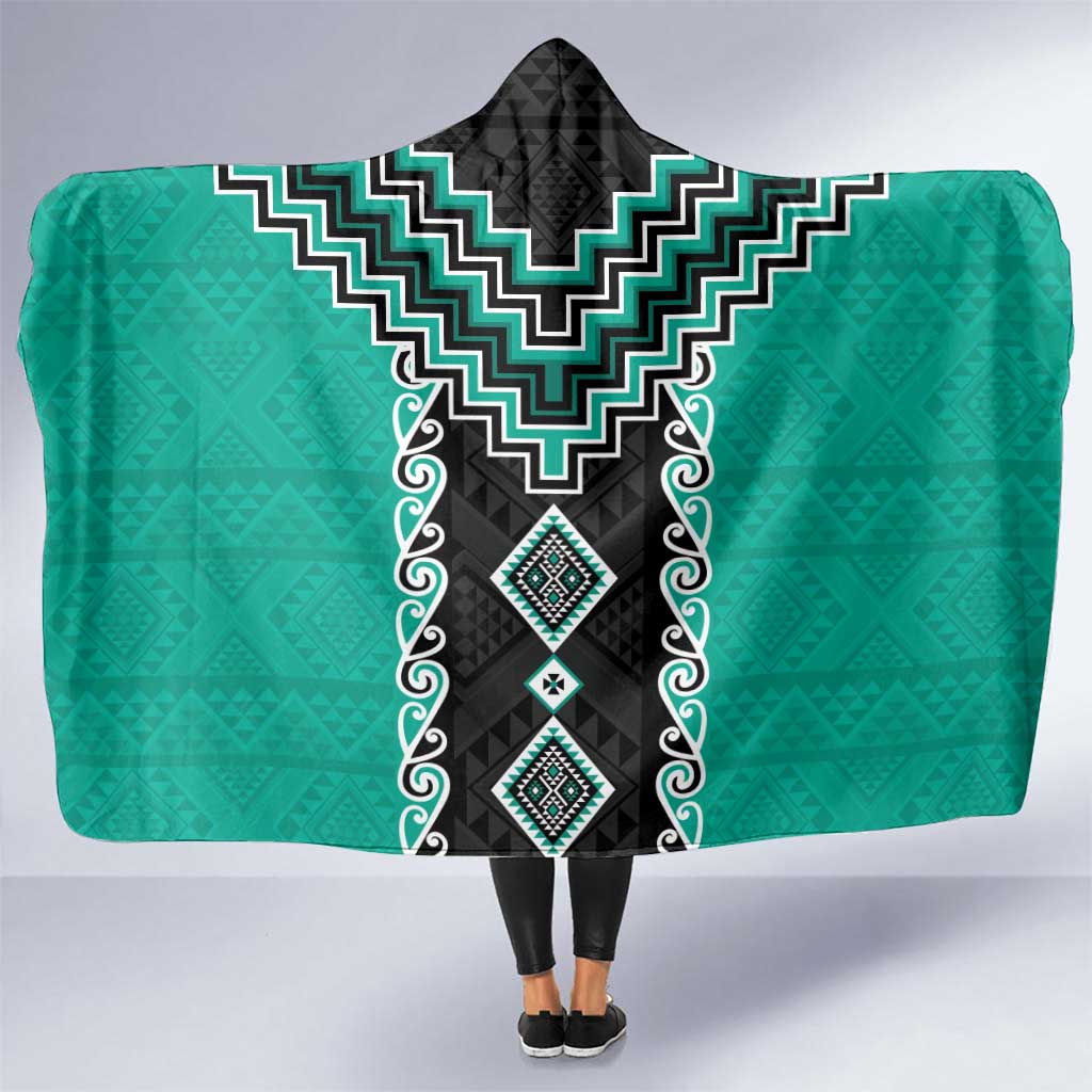 Teal Niho Taniwha Mix Poutama Hooded Blanket Unique Taniko Aotearoa LT01 One Size Teal - Polynesian Pride